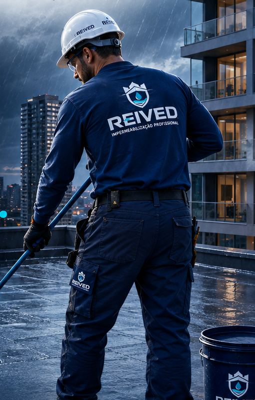 Profissional da REIVED aplicando impermeabilizante em laje de edifício sob chuva